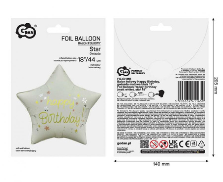 Balon foliowy Happy Birthday, gwiazda matowa biała 18"
