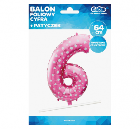 Balon foliowy "Cyfra 6", różowa w serca, 61 cm