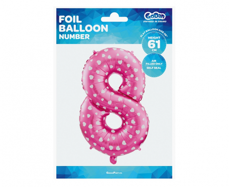 Balon foliowy "Cyfra 8", różowa w serca, 61 cm