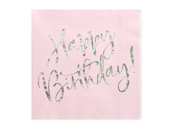 Serwetki Happy Birthday, jasny pudrowy róż, 33x33cm