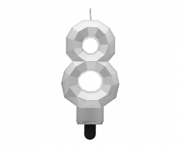 Świeczka cyferka 8 - Diament, metalik srebrny, 7.6 cm