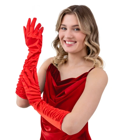 Rękawiczki satynowe z marszczeniem, czerwone, 42 cm