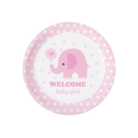 Papierowy talerzyki Baby Shower Słonik różowy 6 szt., 18 cm