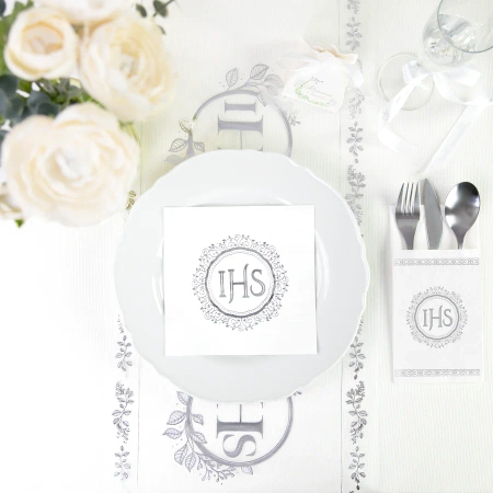 Serwetki komunijne IHS biało-srebrne 10szt.