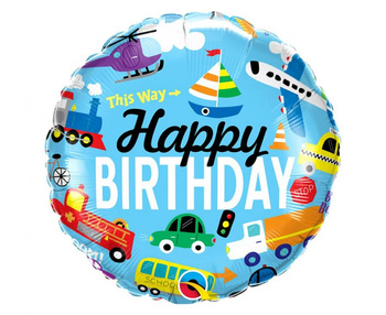 Balon foliowy 18" QL CIR "Happy Birthday - Transportation"