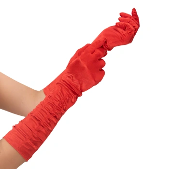 Rękawiczki satynowe z marszczeniem, czerwone, 42 cm