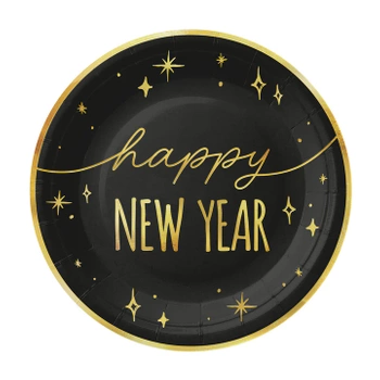 Talerzyk papierowy Happy New Year czarno-złoty, 6szt.