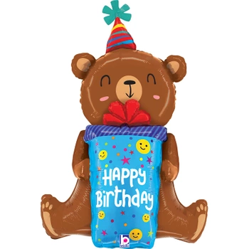 Balon Grabo Uśmiechnięty Miś z Prezentem 34" - 86 cm