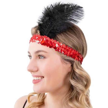 Opaska z cekinami i piórami, Lata 20-te, czerwona
