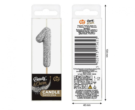 Świeczka piker B&C cyferka 1, czarna, NOWY BIO BROKAT, 11x3.5 cm