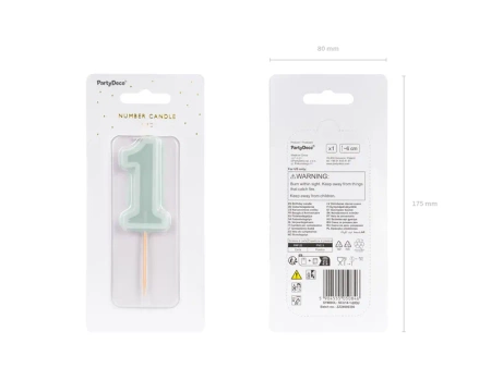 Świeczka urodzinowa Cyferka 1, jasna mięta, 6 cm