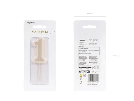 Świeczka urodzinowa Cyferka 1, beż, 6 cm