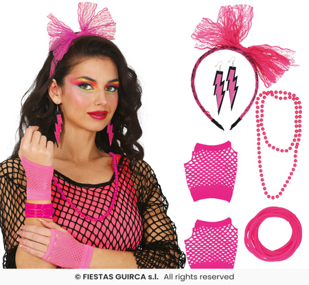 Neonowy zestaw akcesoriów „Disco 80s”, 5 szt., różowy