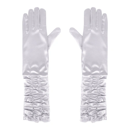 Rękawiczki satynowe z marszczeniem, srebrne, 42 cm