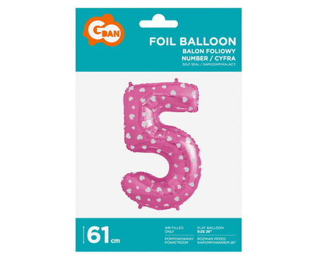 Balon foliowy "Cyfra 5", różowa w serca, 61 cm