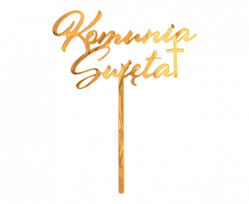 Dekoracja akrylowa na tort Komunia Święta, złota, 18x14 cm