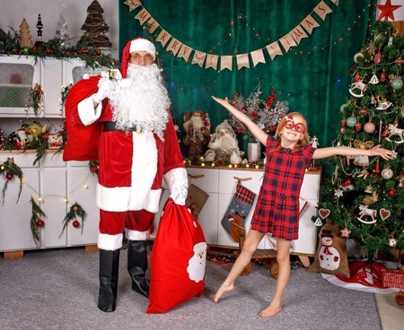 Zestaw "Profesjonalny strój Mikołaja" (czapka, bluza, spodnie, broda, pasek, nakładki na buty) rozm. un.