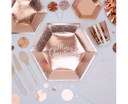 Talerzyki papierowe Merry Christmas, różowo-złote, 27 cm, 8 szt.