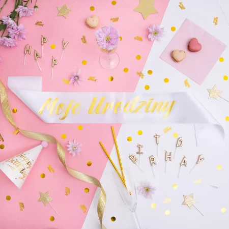 Szarfa urodzinowa Moje Urodziny biało-złota 10x160cm
