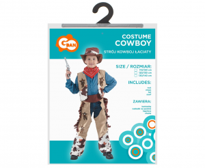 Strój dla dzieci Kowboj łaciaty (kamizelka, nakładki na spodnie, kapelusz, chusta), rozm. 120/130 cm