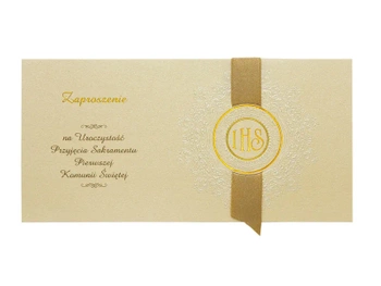 Zaproszenia komunijne ze złotą wstążką