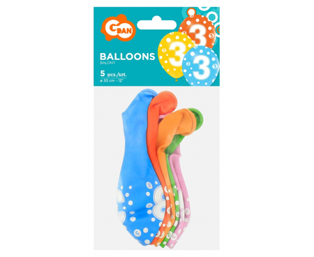 Balony z cyframi: 3, 12"/ 5 szt.