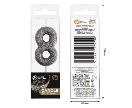 Świeczka piker B&C cyferka 8, czarna, NOWY BIO BROKAT, 11x3.5 cm