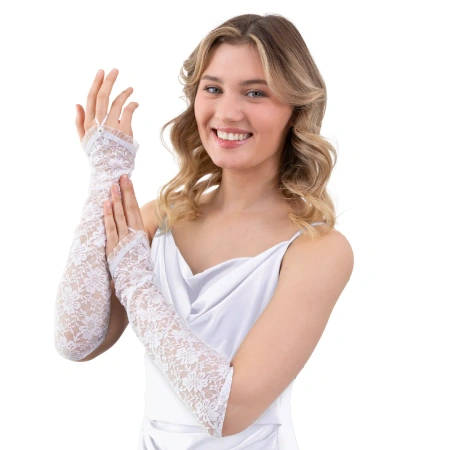 Rękawiczki koronkowe na palec z cyrkonią, białe, 40 cm