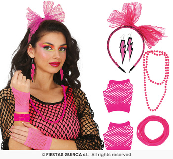 Neonowy zestaw akcesoriów Disco 80s, 5 szt., różowy