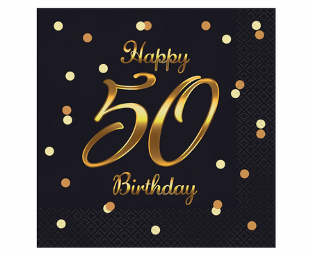 Serwetki B&C Happy 50 Birthday, czarne, nadruk złoty, 33x33 cm/ 20 szt.