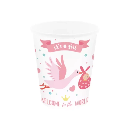 Kubeczki papierowe Baby Shower Bocian różowy 6szt