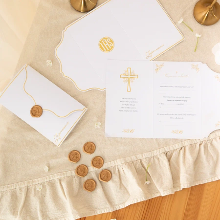 Zaproszenie Komunia Święta Złoty IHS z pieczęcią lakową 6 szt.