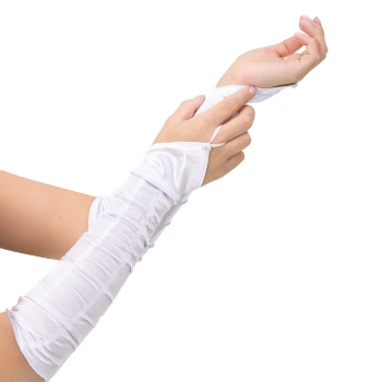 Rękawiczki satynowe z marszczeniem na palec z cyrkonią, białe, 37 cm