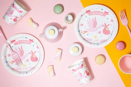 Kubeczki papierowe Baby Shower Bocian różowy 6szt