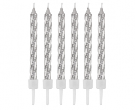 Świeczki B&C z podstawkami, zakręcone srebrne, 8 cm, 12 szt.