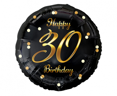 Balon foliowy B&C Happy 30 Birthday, czarny, nadruk złoty, 18"