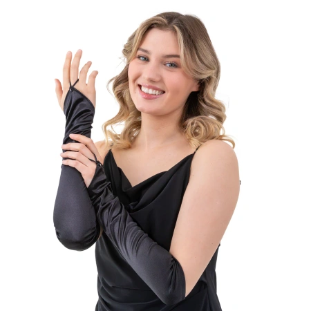 Rękawiczki satynowe na palec z cyrkonią, czarne, 40 cm