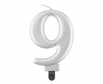 Świeczka B&C cyferka 9, metalik srebrna, 8,0 cm