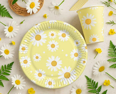 Talerzyki papierowe, żółte, stokrotki, 18 cm, 6 szt.