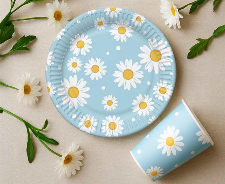 Talerzyki papierowe, niebieskie, stokrotki, 18 cm, 6 szt.
