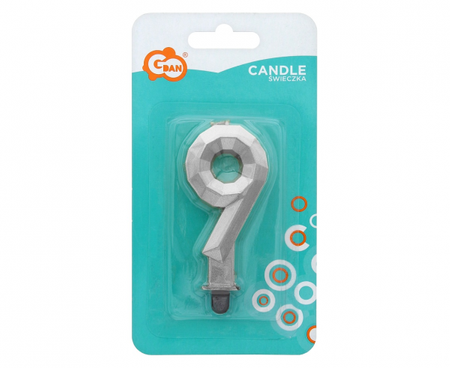 Świeczka cyferka 9 - Diament, metalik srebrny, 7.6 cm