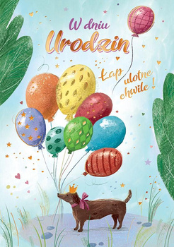 Kartka urodzinowa Urodzinowy Jamnik z balonami