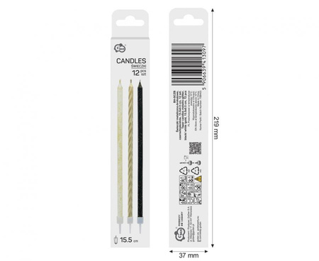 Świeczki metaliczno-brokatowe, czarne/białe/złote, 15.5x0.5 cm, 12 szt.