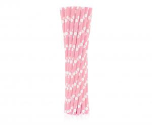 Rurki (słomki) pap. jasnoróżowe w białe groszki, 6x197mm / 24 szt.