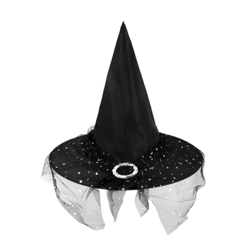 Kapelusz czarownicy z tiulem czarno-srebrny 38x32cm