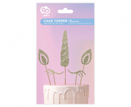 Dekoracja na tort Jednorożec, złoty brokat, 5 szt.