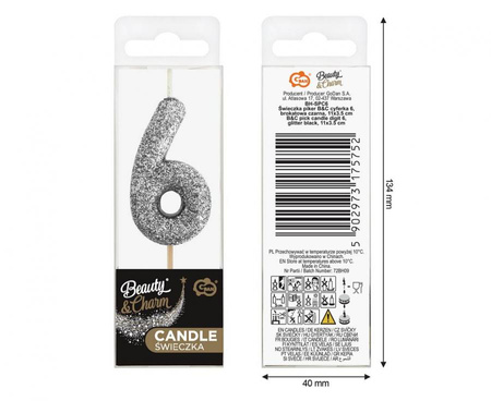 Świeczka piker B&C cyferka 6, czarna, NOWY BIO BROKAT, 11x3.5 cm