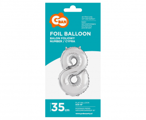Balon foliowy "Cyfra 8", srebrna, 35 cm