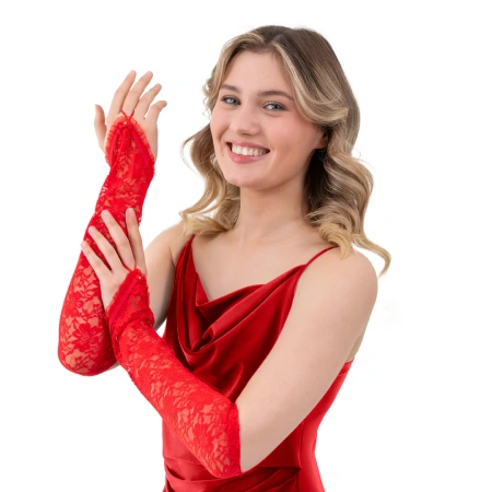 Rękawiczki koronkowe na palec z cyrkonią, czerwone, 40 cm