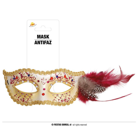 Maska karnawałowa biała z róźowym piórkiem